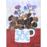 Brenda King: a pair of oil on board still lifes, "African Violets" and "Thym, Herbe des Fees", 7 1/