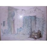 Zillah Pettit: watercolours, a Greek street scene, 70 1/2" x 22", in gilt strip frame, and a print