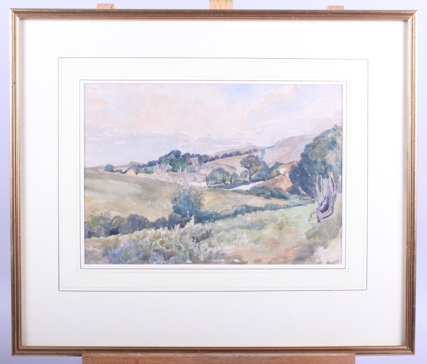 Ellen M Eaton: watercolours, landscape with village and church, 8" x 11", in gilt frame - Image 2 of 3