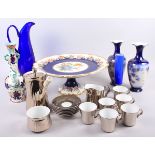 A Royal Worcester porcelain silvered coffee set, a pair of vases, a cake stand, blue glass vases and
