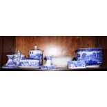 A pair of Spode blue and white candlesticks, 3" high, a Spode teapot, a butter dish, a tea storage