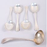 Four silver rat-tail tablespoons and a silver sauce ladle, 8.4oz troy approx