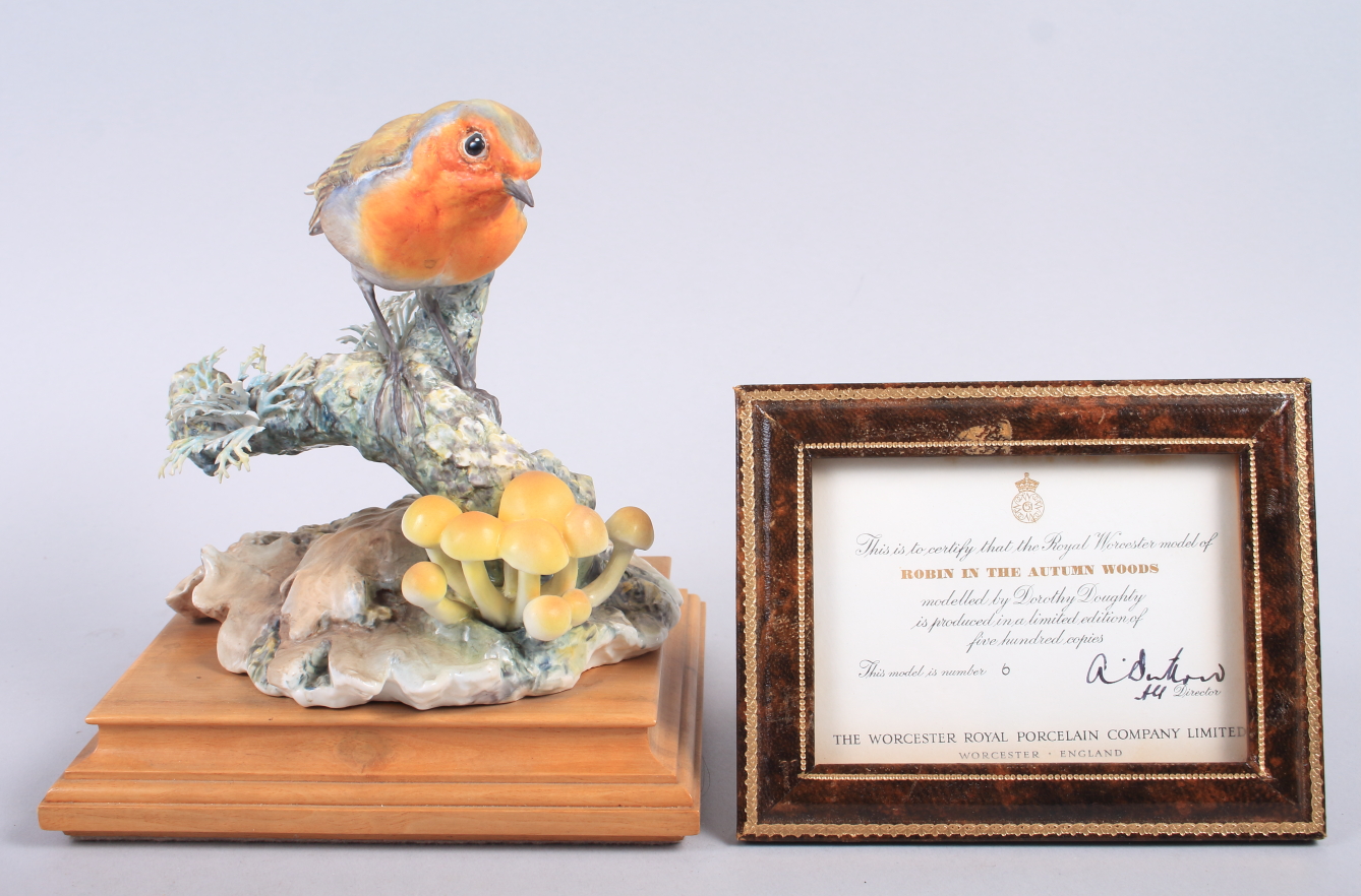 A Royal Worcester Dorothy Doughty model, "Robin in the Autumn Woods" No 6, with certificate, 7" high