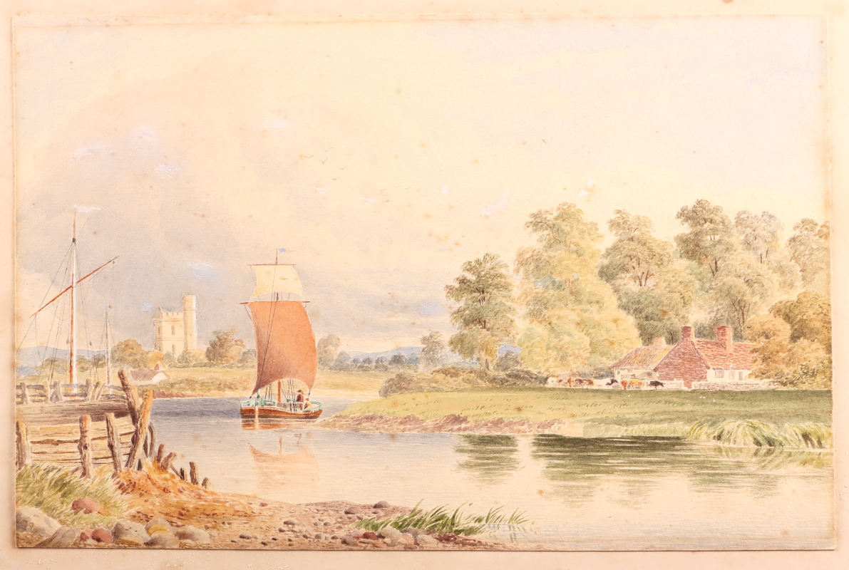 19th century Norfolk School: watercolours, sailing barge with distant church, 7 3/4" x 12", in