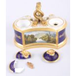 A Flight Barr & Barr porcelain double inkwell, decorated with a view of Warwick Castle, 5 1/2"