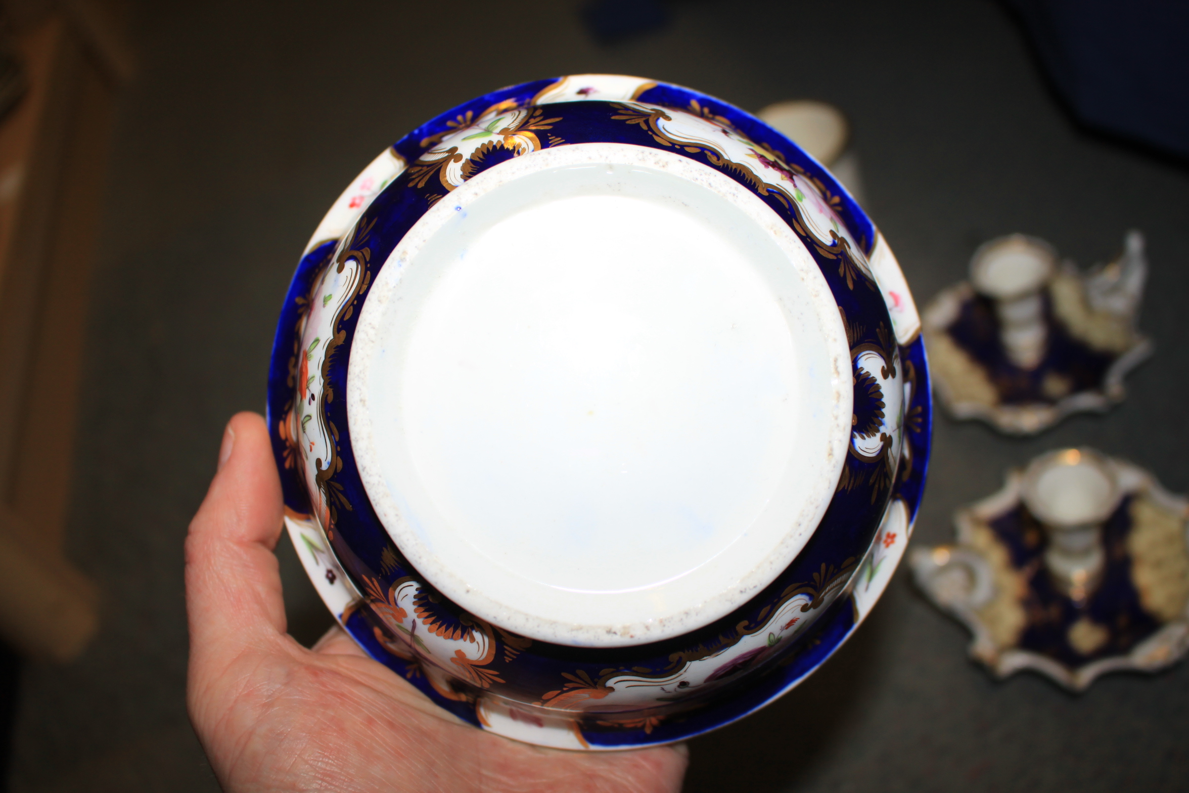 An English part dessert service, decorated flowers on a blue ground, two Spode plates, two spill - Image 3 of 28