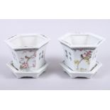 A pair of Chinese porcelain hexagonal planters, decorated characters, birds and flowers, on