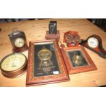 A Ken Broadbent collage clock, 19 1/2" wide, three quartz clocks, a cuckoo clock and other items