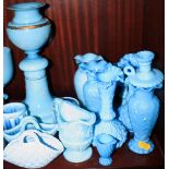 A quantity of blue glass vases, jugs and other items, including Sowerby glass