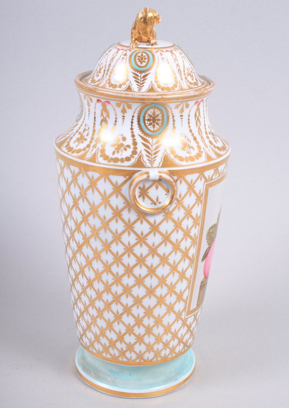 A Derby fruit and gilt decorated tapering vase and cover, 9 1/2" high (worn gilding and chips to - Bild 15 aus 21