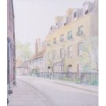 W F Caswell: watercolours, "A Village Square", 8 1/2" x 14 1/2", in wash line mount and gilt