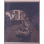 Sir Frank Brangwyn: an etching, old man carrying a basket, 11" x 9", in oak frame