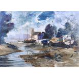 Jeremy King: oil on board, "Barges at Kew", 23 3/4" x 17", in strip frame