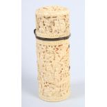 A Chinese carved ivory bodkin case, decorated figures in landscape, 4 3/4" high (damages)