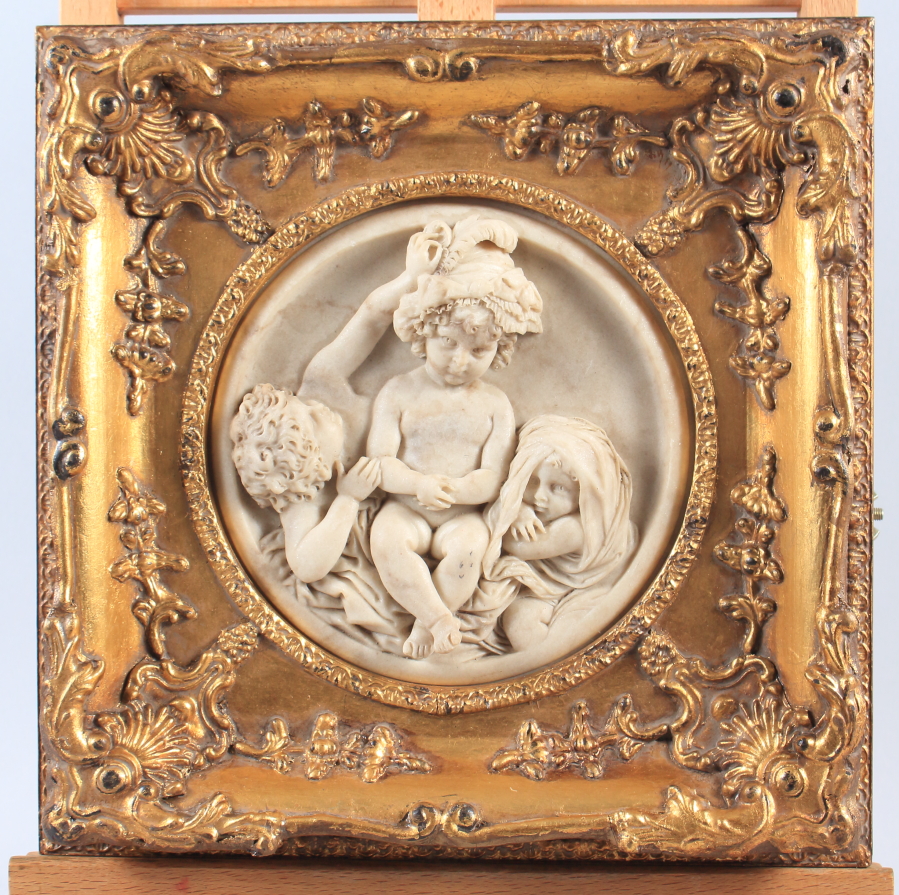 Two mounted plaques of three cherubs, in ornate gilt frames, 11 1/4" wide - Bild 2 aus 2