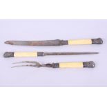 A Victorian three-piece carving set with silver mounted ivory handles (damages)