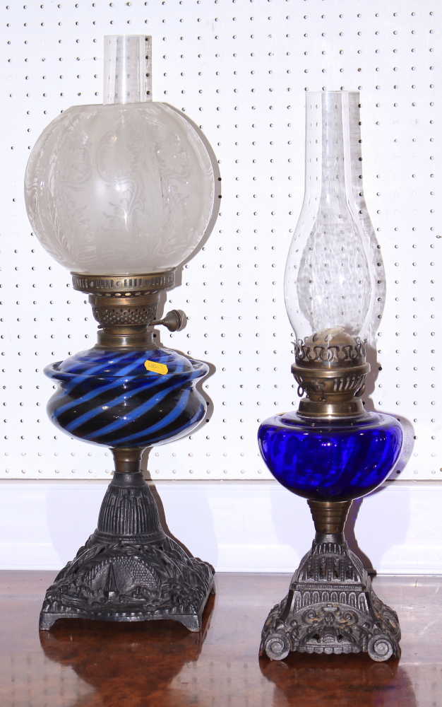 A Victorian oil lamp with etched cranberry glass reservoir and frosted shade, 26 1/2" high, and five - Image 2 of 4