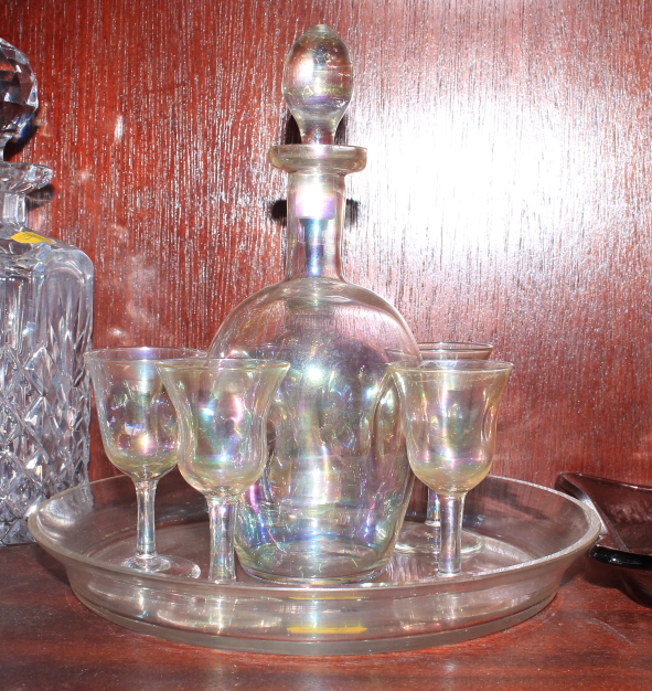 A lustre glass drinking set, two whisky decanters, a blue glass vase, decorated figures and dogs - Image 3 of 4