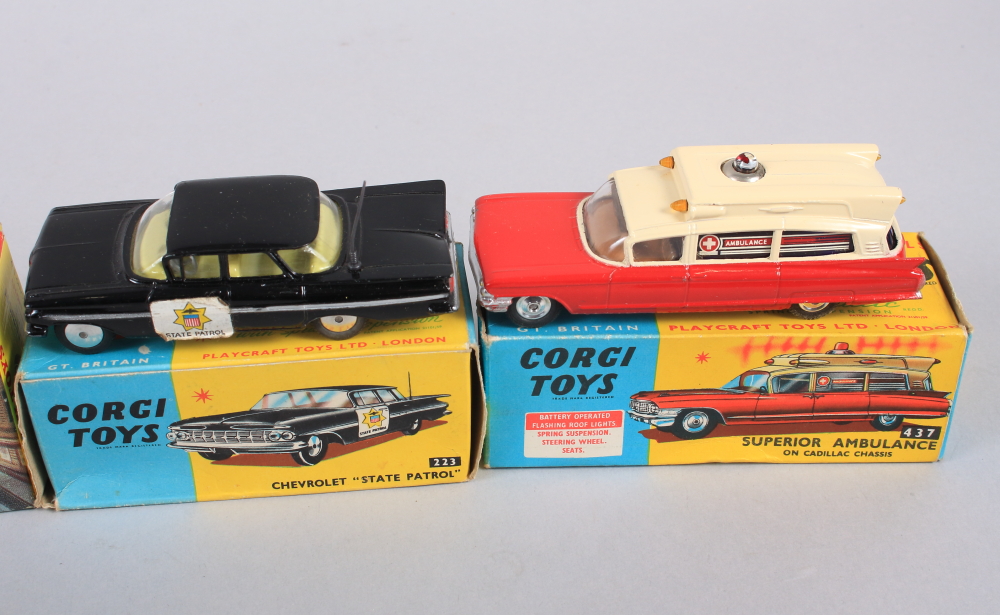 A Corgi Toys die-cast model "Superior Ambulance", No 437, a Chevrolet "State Patrol", No 222, a - Image 3 of 4