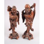 Two 19th century Chinese carved wooden figures, 11" high (damages)