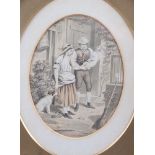 A pair of prints, figures with various animals, in oval frames