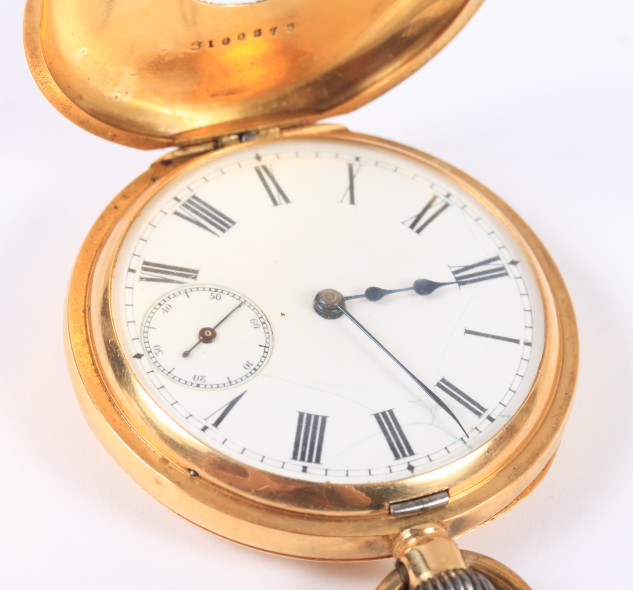 An 18ct gold cased half hunter pocket watch with white enamel dial, Roman numerals and subsidiary - Image 3 of 8