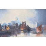 F W W Pettit: oil on canvas, riverside scene with houses, boats and figures