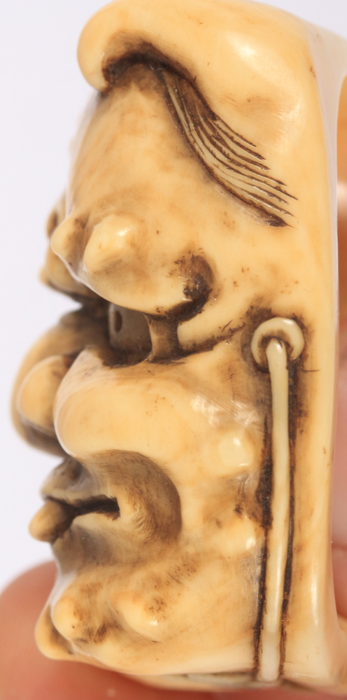 A Japanese Meiji period carved ivory mask Netsuke, Oni to the front, Okame to the back, 2" high - Image 4 of 8