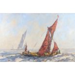 Vic Ellis: oil on canvas, sail boats at sea, 19 1/2" x 29 1/2", in white strip frame