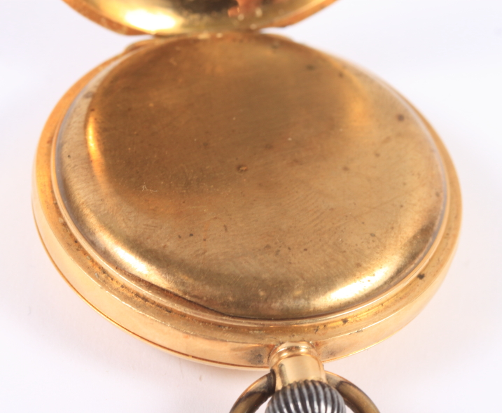 An 18ct gold cased half hunter pocket watch with white enamel dial, Roman numerals and subsidiary - Image 6 of 8