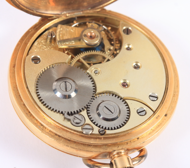 An 18ct gold cased half hunter pocket watch with white enamel dial, Roman numerals and subsidiary - Image 8 of 8