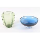 A Kosta blue glass shallow dish, 9" dia, and a green glass vase, 7 3/4" high