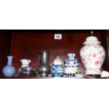 An English blue crackle glaze vase, a pewter jug and a table lamp, etc