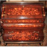 A Dutch marquetry fall front bureau, interior fitted drawers and pigeonholes, central cupboard