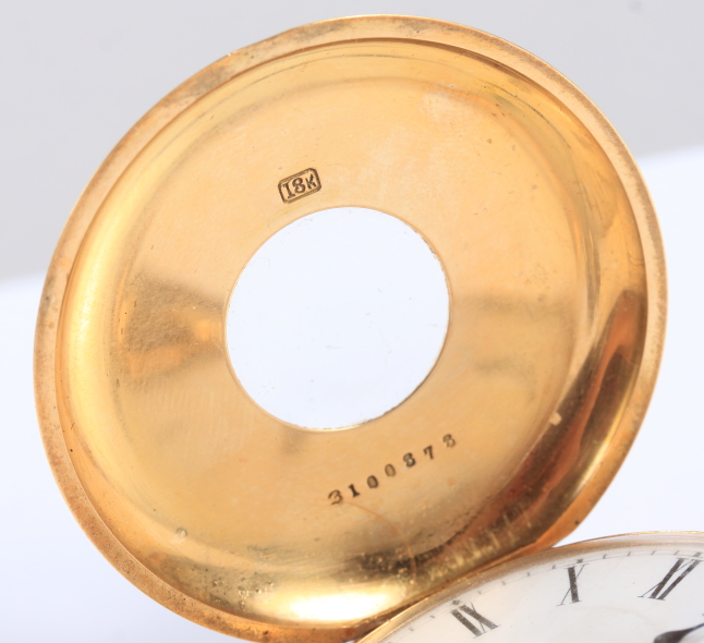 An 18ct gold cased half hunter pocket watch with white enamel dial, Roman numerals and subsidiary - Image 2 of 8