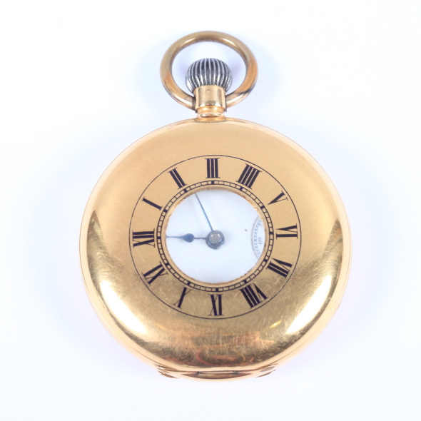 An 18ct gold cased half hunter pocket watch with white enamel dial, Roman numerals and subsidiary