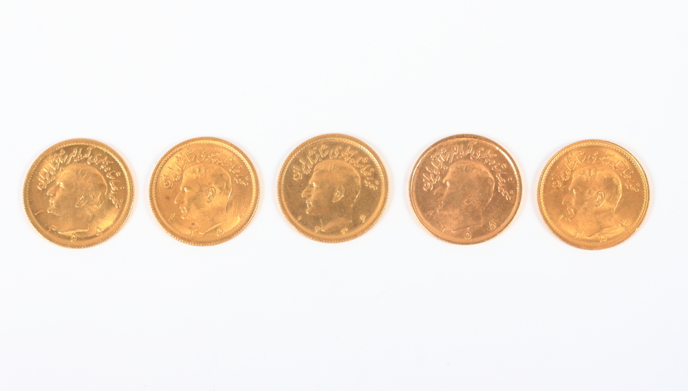 Five Persian half Pahlavi gold coins