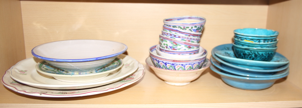 A Middle Eastern, turquoise glazed dish, decorated fish, 7" dia, other similar bowls and plates