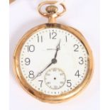 A yellow metal open faced pocket watch by Hamilton, the case stamped 14K