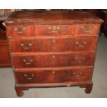 A walnut banded chest of three short and three long drawers, on later bracket feet, 39" wide