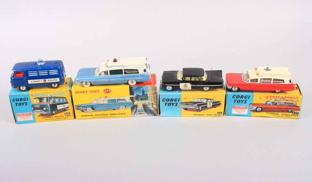 A Corgi Toys die-cast model "Superior Ambulance", No 437, a Chevrolet "State Patrol", No 222, a