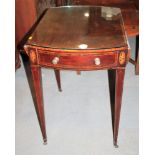 A late Georgian mahogany and rosewood banded oval top Pembroke table, fitted one drawer, on square