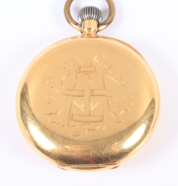 An 18ct gold cased half hunter pocket watch with white enamel dial, Roman numerals and subsidiary - Image 4 of 8