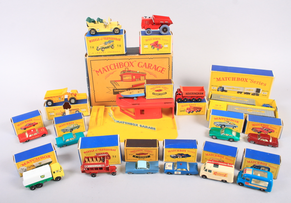 A Matchbox die-cast model set "Major M-9 pack" a Matchbox showroom and service station, a Ferrari