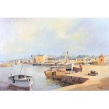 A J Tuck: oil on board, harbour scene, Wells next to the sea, 15 1/2" x 25 1/2"