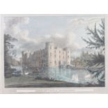 A 19th century coloured engraving of Shirburn Castle, Oxfordshire, 11 1/4" x 8 1/2", in gilt strip