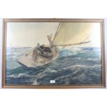 After Charles Napier Hemy: a print, figures sailing on choppy waters, in gilt strip frame