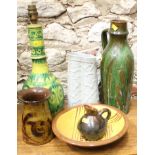 A Prestbury pottery bowl, 9 1/4" dia, two studio pottery jugs, a vase with flared lip, a table
