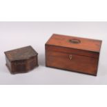 A mahogany tea caddy, converted to a storage box, and another mahogany box
