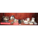 A silver plated two-handled sugar bowl, playing cards, a tape measure, silver plated cutlery,
